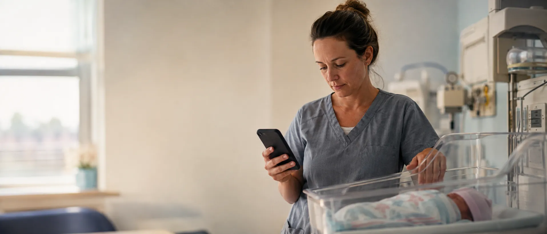 A nurse in grey scrubs looking at her phone beside a bassinet where a swaddled newborn sleeps, in a quiet unit lit by a window