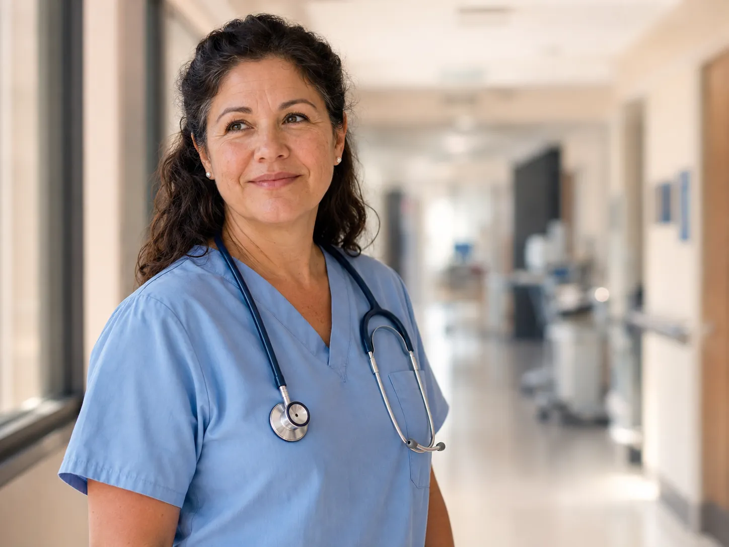 An experienced nurse in blue scrubs with a stethoscope, standing in a bright hospital corridor