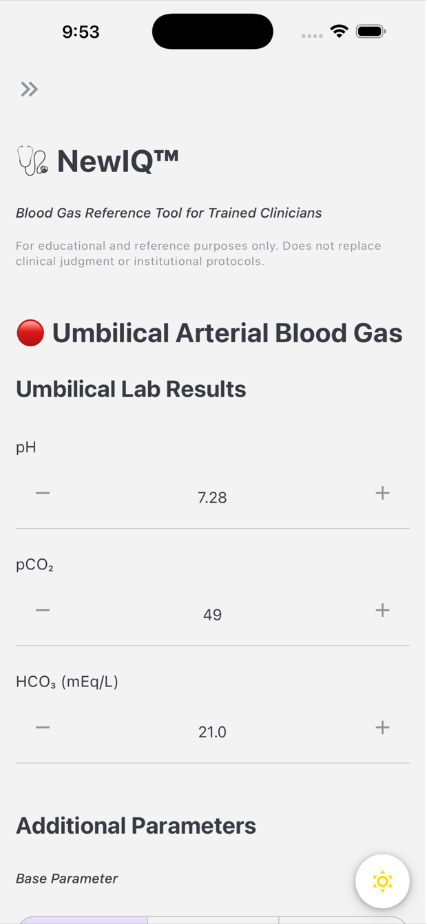 NewIQ umbilical arterial blood gas entry screen, showing pH, pCO2 and HCO3 inputs